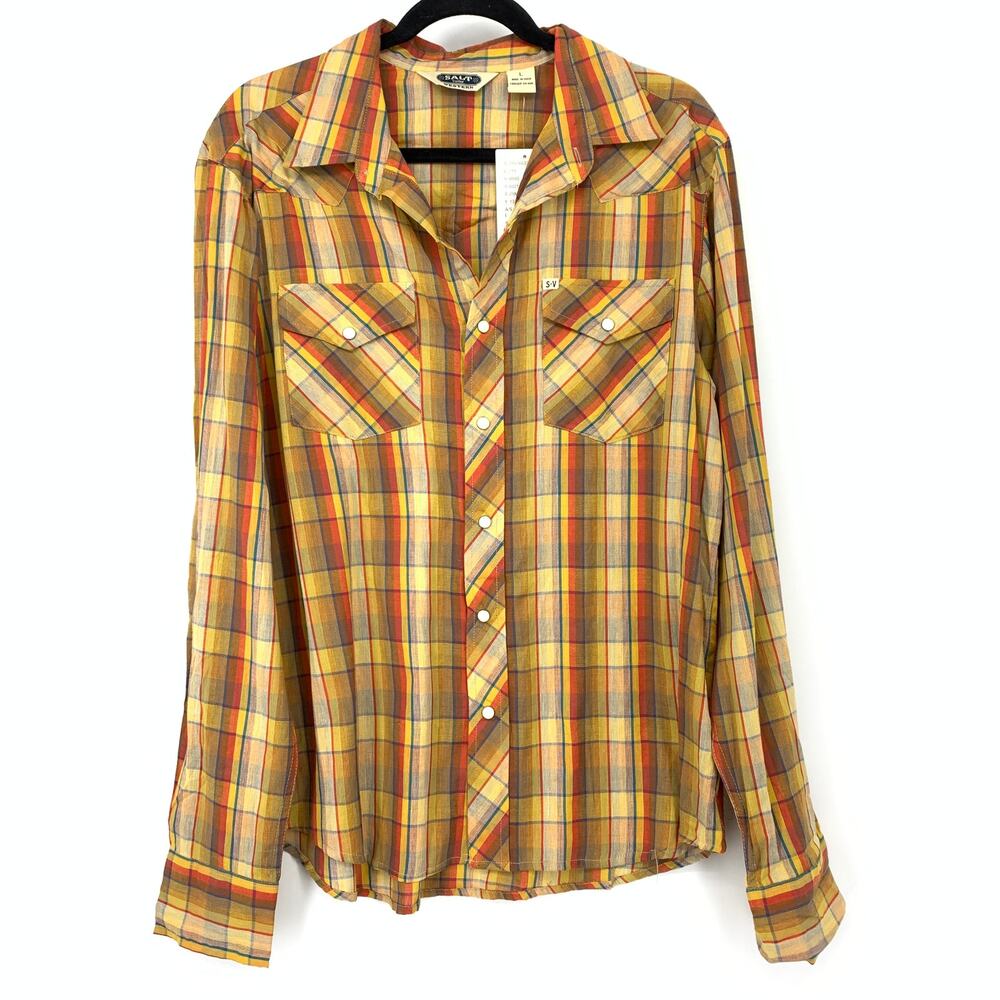 Salt Valley Western Plaid Shirt Womens Large Pearl Snap Yellow Orange Button Up